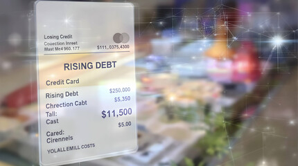 Poster - Futuristic debt data projection over a dining area showing financial instability, for economics
