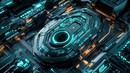 Fototapete - Complex technological device with glowing lights in futuristic setting