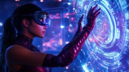 Poster - Young Asian woman interacting with holographic interface indoors