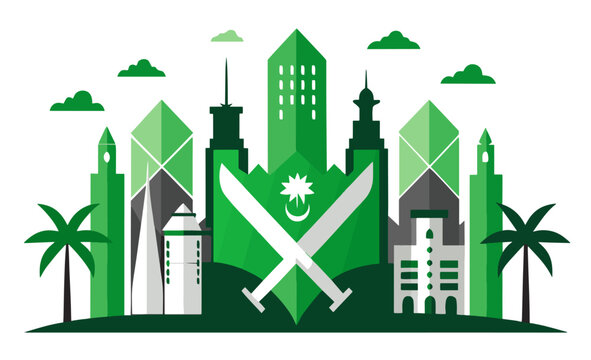 Green Metropolis: A striking urban landscape rendered in shades of green, featuring iconic buildings and symbolic elements that capture the essence of a modern metropolis.