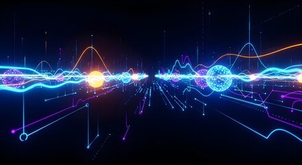 A vibrant digital visualization showcasing data streams, glowing orbs, and interconnected lines against a dark background.