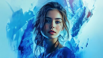 Poster - Young woman with abstract blue paint strokes in studio art