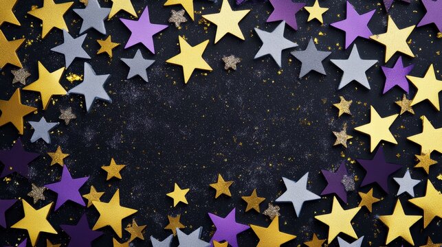 Festive background with gold, purple, and gray stars on a dark surface, leaving a central space for text or design.