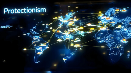 Poster - Global trade map displaying protectionism with data visualization, network connections in a dark room