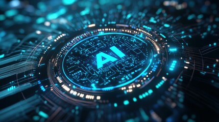 Fototapete - Glowing AI Interface in Digital Space