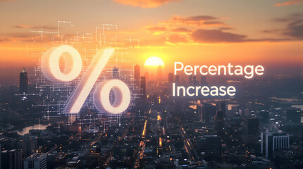 Poster - Digital percentage increase graphic floating over a cityscape at sunset, representing financial growth