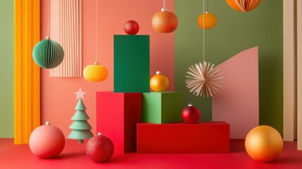 Poster - Colorful Christmas Ornaments on Geometric Shapes in Studio