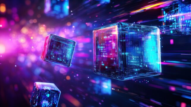 Dynamic data cubes moving in an abstract digital space at night