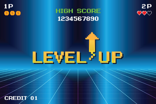 LEVEL UP. press start button. pixel art .8 bit game. retro game. for game assets in vector illustrations.