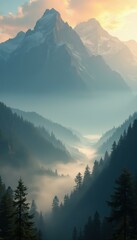 Poster - Majestic mountains shrouded in fog at sunrise