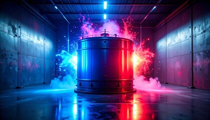 Aufkleber - Dramatic red vs blue energy explosion from a high-tech tank in a futuristic industrial lab. Abstract concept of power, conflict, and science with neon smoke and reflections on a wet floor.