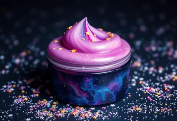 Wall Mural - Galaxy slime in a dark space-themed container with star sprinkles,  sensory,  kids