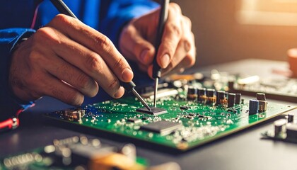 Poster - Skilled technician's hands repairing a green computer circuit board. Close-up of an engineer testing a microchip with precision probes in a technology workshop with warm, focused lighting.