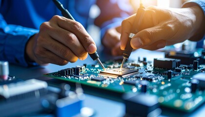 Poster - Skilled engineer's hands testing a microchip on a green computer circuit board with probes. Electronics repair and diagnostics in a modern, high-tech lab with dramatic blue and orange lighting.