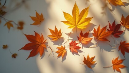 Poster - Scattered maple leaves in various colors on light surface