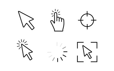 Fototapete - A set of six outline vector icons related to digital interaction: an arrow cursor, a clicking hand, a target, a clicking arrow, a loading spinner, and a selection cursor. Ideal for UI/UX, web design, 