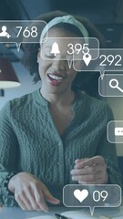 Poster - Animation of social media icons with numbers over african american businesswoman working at office