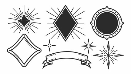 Aufkleber - Collection of diamond shapes, sunbursts, stars, and a banner, all in black and white outline style created with generated ai