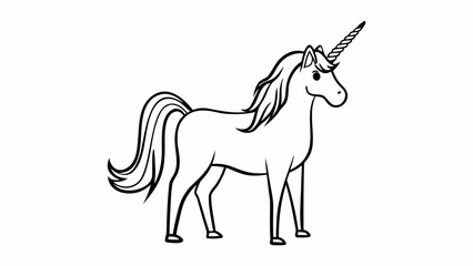 Poster - A simple line drawing of a unicorn standing with a horn and a flowing mane on a white background created with generated ai