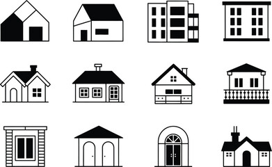 Poster - Black and White House Icons Simple Building Illustrations