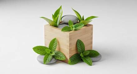 Poster - Close Up of a Square Wooden Cube with Green Mint Plants and Gray Stones on White Background