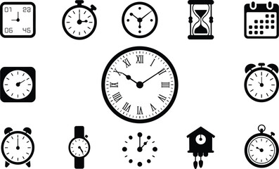 Poster - Black and White Timepiece Icons Collection Clocks Watches Stopwatch Hourglass Calendar