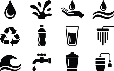 Poster - Twelve Black Water Icons Set Recycling Bottle Tap white