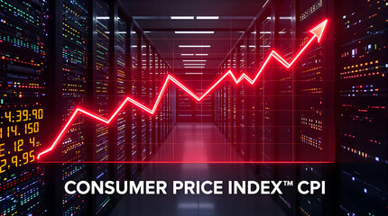 Poster - CPI rising graph, red line ascending in server room, indicating inflation or market growth for finance use
