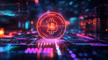 Poster - Glowing Bitcoin symbol on a futuristic circuit board. (1)