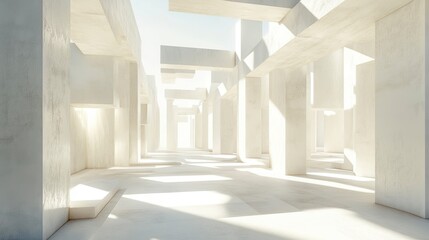 Aufkleber - Abstract white architectural interior with sunlight, showcasing geometric shapes and spaciousness.