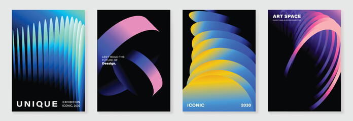 Poster - Modern gradient poster on dark background vector set. Cover template with vibrant perspective geometric shapes different. Modern Design for wall art, flyers, brochures, covers and web banners.