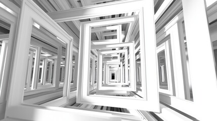Fototapete - Abstract 3D rendering of a white frame tunnel, creating a sense of depth and perspective.