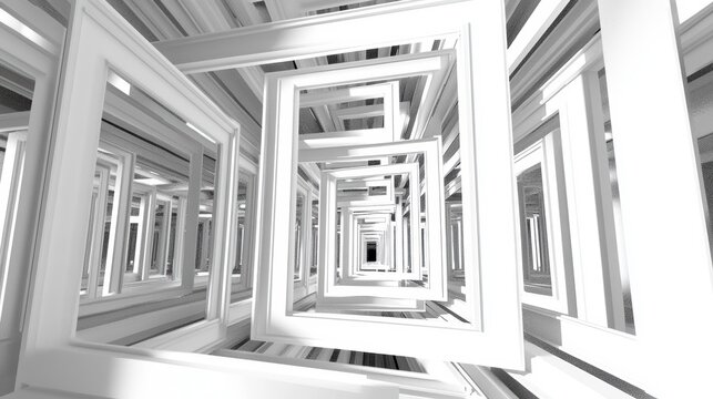 Abstract 3D rendering of a white frame tunnel, creating a sense of depth and perspective.