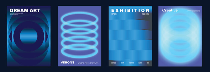 Poster - Modern gradient poster on dark background vector set. Cover template with vibrant perspective geometric shapes different. Modern Design for wall art, flyers, brochures, covers and web banners.