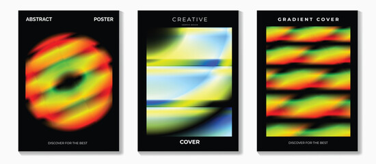 Poster - Modern gradient poster on dark background vector set. Cover template with vibrant perspective geometric shapes different. Modern Design for wall art, flyers, brochures, covers and web banners.