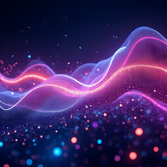 Aufkleber - Abstract digital illustration of glowing wave-like forms in shades of purple pink and blue with scattered particles on dark background