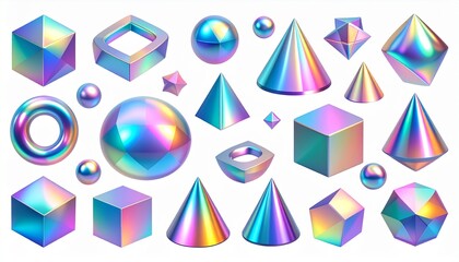 Leinwandbilder - 3d set holographic geometric shape- square, cylinder, sphere, pyramid, torus, star,