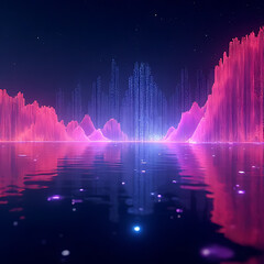 Aufkleber - Abstract digital landscape illustration with neon pink and blue mountains reflected in a dark water surface under a starry night sky