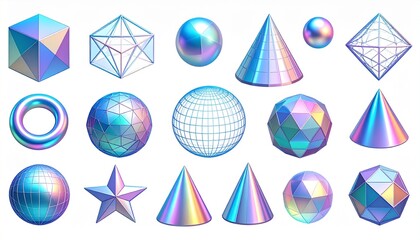 Leinwandbilder - 3d set holographic geometric shape- square, cylinder, sphere, pyramid, torus, star,