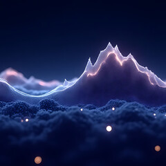 Poster - Abstract illustration of glowing mountain range with ethereal clouds and scattered light against a dark blue backdrop