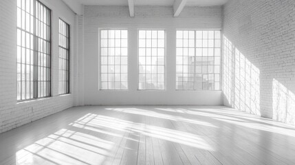 Aufkleber - Sunlit empty white brick room with large windows and hardwood floor.