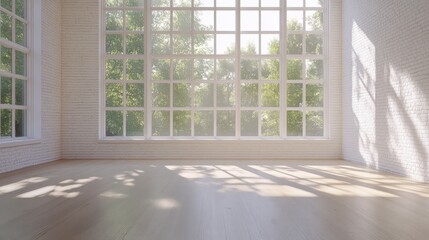 Aufkleber - Sunlit empty room with large windows overlooking lush greenery.
