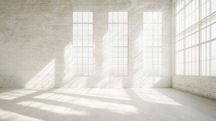 Aufkleber - Sunlit empty loft interior with large windows and exposed brick wall.