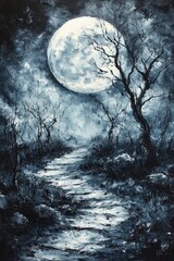 Wall Mural - Moody and Atmospheric Oil Painting of Winding Path Under Moonlight