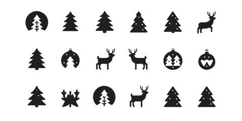Poster - A collection of christmas themed icons featuring trees reindeer and ornaments in black and white vector art