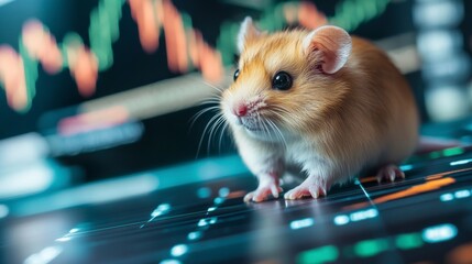 Leinwandbilder - Cute hamster sits on a laptop displaying stock market data.