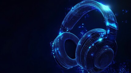 Poster - Abstract glowing blue headphones, digital wireframe style.