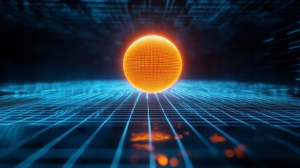 Poster - Glowing orange sphere over blue digital grid.