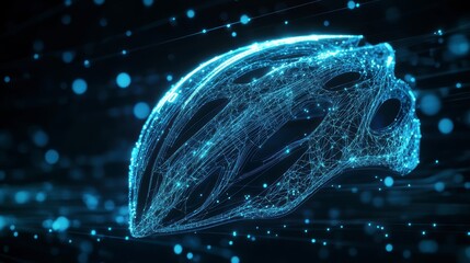 Poster - Abstract digital rendering of a cycling helmet, glowing blue lines and dots on dark background.