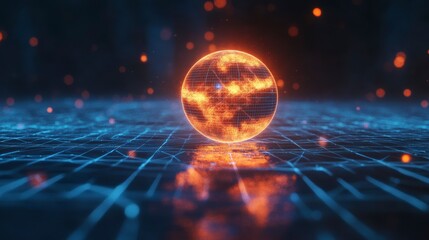 Poster - Fiery globe on digital grid, futuristic technology concept.